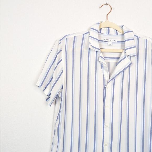 And Now This Men's White Blue Stripe Short Sleeve Button Down Shirt - Picture 4 of 7